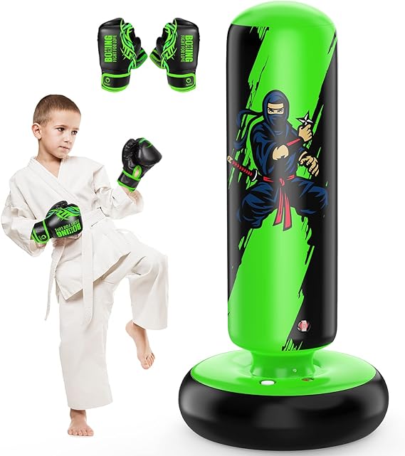 QPAU Larger Punching Bag for Kids, 66" Inflatable Boxing Bag with 2 Boxing Gloves, Gifts for Boys & Girls Age 6-12