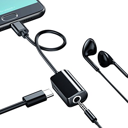 Type C to 3.5mm Audio Adapter, Drift 2 in 1 USB Type C Male to 3.5mm Female Stereo Earphone Converter Adapter & Charging for Xiaomi Mi Mix 2, Huawei Mate 10/10 Pro,Moto Z, Samsung and More (Black)