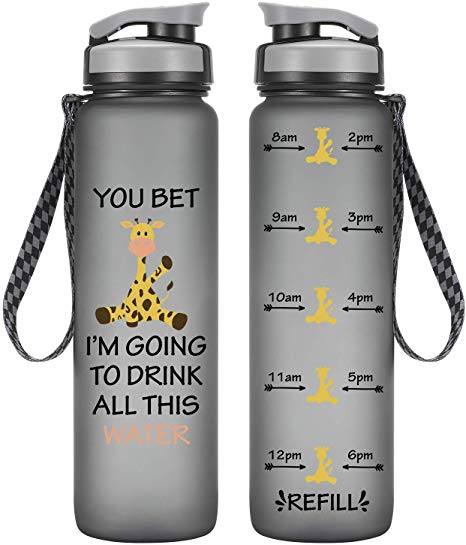 LEADO 32oz 1Liter Motivational Tracking Water Bottle with Time Marker - You Bet Giraffe I’m Going to Drink All This Water - Funny Birthday Gift for Women Best Friend, Mom, Daughter - Drink More Water