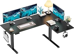 HUANUO L-Shaped Standing Desk, 71 x 48 inch Dual Motor Corner Standing Desk, Electric Height Adjustable Computer Desk with Cable Tray & 3 Preset Heights, Raising Desk for Home Office, Black, HNESD110