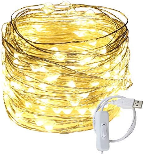 RUICHEN Fairy Lights USB Plug Power 66Ft 200 LED Silver Wire Starry String Lights with ON/Off Switch for Bedroom Indoor Outdoor Decorative(Warm White)