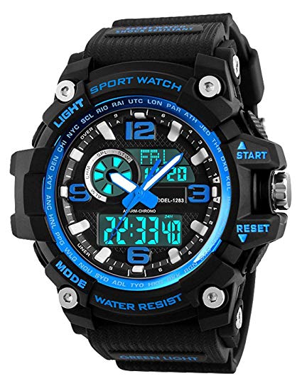 Mens Sports Watch, 5 ATM Waterproof Digital Military Watches with Countdown/Timer/Alarm for Men, Shock Resistant LED Analogue Running Man Wrist Watch - Blue by BHGWR
