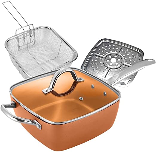 #1 Award Winning Copper Ceramic Square Non-Stick Ceramic Pan 4 Piece Set for Frying, Baking, Broiling, Steaming & Braising with Fry Basket Steamer & Tempered Glass Lid - As Seen On Tv
