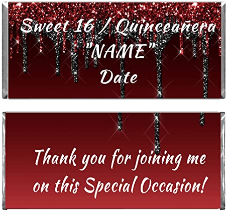 Personalized Custom Red & Black Glitter Design Anniversary, Quinceanera, Birthday, Any Occasion Chocolate Candy Bar Wrappers & Foils (Candy not Included) (24)