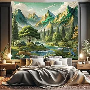 Ambesonne Mountain Tapestry King Size, Fantasy Lands Dreamy Stream of Woods Featuring Bohemian Mounts Groovy, Wall Hanging Bedspread Bed Cover Wall Decor, 104" X 88", Fern Green Cadet Blue