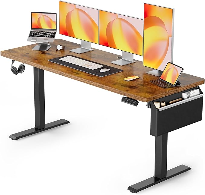 ErGear Standing Desk with Storage Pocket, 63 x 24 inch Height-Adjustable Standing Desk, Electric Standing Desk Workstation with Height Memory Presets for Home & Office, Vintage Brown