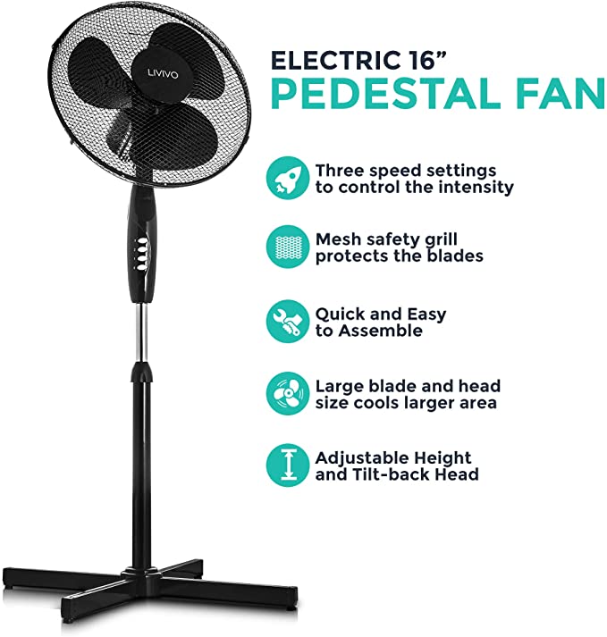 LIVIVO Electric 16” Pedestal Fan – Powerful Free Standing Oscillating and Tilting 50W Height Adjustable Rotating Stand Tower Fan Mesh Safety Grill (Black)