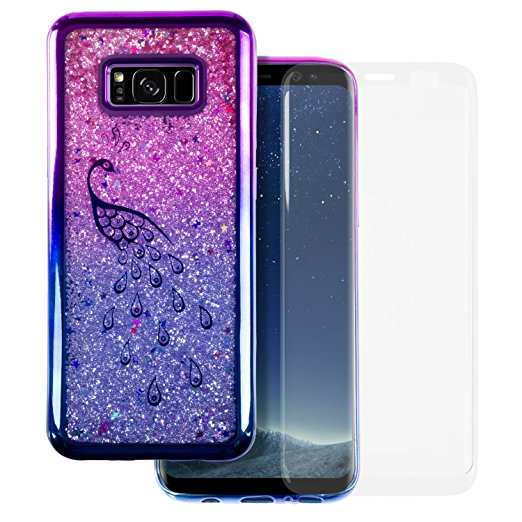 Samsung Galaxy S8 Plus [Rose Confetti / Stars] Glitter / Sparkle Liquid Flexible Soft Rubber Gel (Gradient Blue / Purple Swan) Case TPU Protective Shell / Bumper Case w/ 3D Tempered Glass