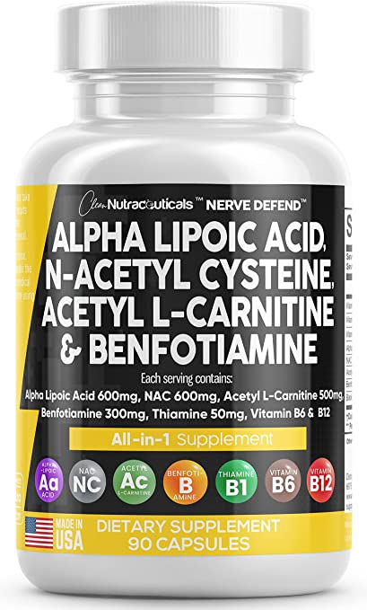 Alpha Lipoic Acid 600mg N-Acetyl Cysteine 600mg Acetyl L-Carnitine 500mg Benfotiamine 300mg - Nerve Support Supplement for Women and Men with Vitamin B1 Vitamin B6 & Vitamin B12 - Made in USA 90 Caps