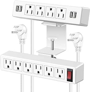 White 2 in 1 Desktop Edge Power Strip,Removable Clamp Power Outlet Socket Under Desk 6AC Outlets with Switch & 4 AC Outlets 4 USB-A Ports,6.5 ft Extension Cord