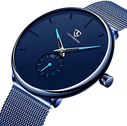 Mens Watches Black Ultra Thin Casual Minimalist Fashion Business Dress Waterproof Quartz Watch for Boys with Mesh Band Black Blue