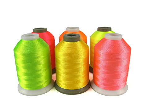 Sinbel Polyester Embroidery Thread 6 Neon Fluorescent Colors 1000Meters/1100Yards Per Spool for Brother Babylock Janome Singer Pfaff Husqvaran Bernina Machines