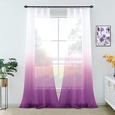 Sheer Violet Purple Curtains 96 Inches Long for Living Room Bedroom 2 Panel Set Pattern Gradient Lavender Lilac Plum Eggplant Accent Decor Print Design Aesthetic College Dorm Room Essentials for Girls