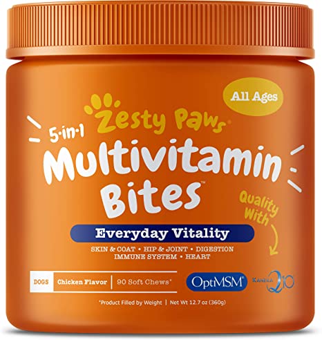 Zesty Paws Multivitamin Treats for Dogs - Glucosamine Chondroitin for Joint Support   Digestive Enzymes & Probiotics - Grain Free Dog Vitamin for Skin & Coat   Immune Health - Chicken Flavor - 90ct