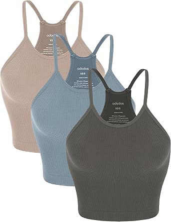 ODODOS Women's Crop 3-Pack Washed Seamless Rib-Knit Camisole Crop Tank Tops