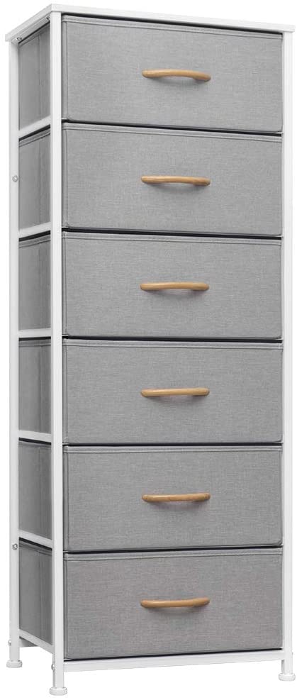 Crestlive Products Vertical Dresser Storage Tower - Sturdy Steel Frame, Wood Top, Easy Pull Fabric Bins, Wood Handles - Organizer Unit for Bedroom, Hallway, Entryway, Closets - 6 Drawers (Light Gray)