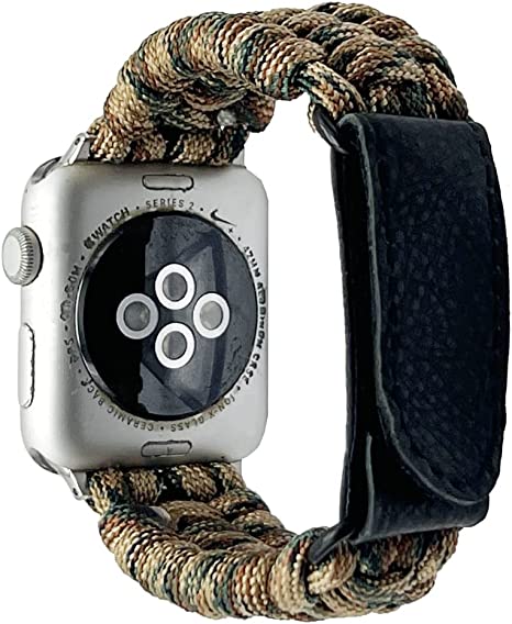 MeShow 41mm 40mm 38mm Outdoor Paracord Replacement Watch Band Bracelet Strap Wrist Band with Self Adhered Genuine Leather Clasp Compatible for Apple Watch Series7 SE 6 5 4 3 2 1 (Not fit for iWatch 45mm/44mm/42mm)