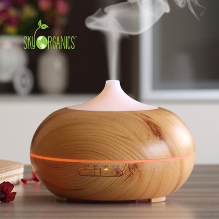Essential Oils Diffuser By Sky Organics- Wood-grain Aromatherapy Humidifier 300ml- Whisper Quiet Cool Mist Auto Shut-off Multi-color Lights Ideal for Use with Sky Organics Pure Essential Oils