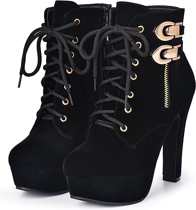 Susanny High Heel Boots for Women,Womens Platform Boot Heels Sexy Round Toe Lace UP High Heels Mid Calf Boots