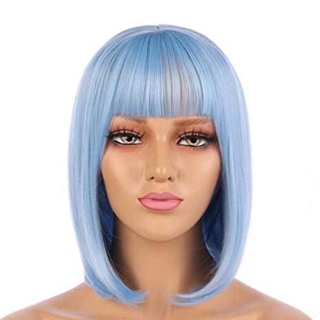 eNilecor Straight Short Bob Wigs 14" with Flat Bangs Cosplay Hair Wig for Women Natural As Real Hair (Light Blue)