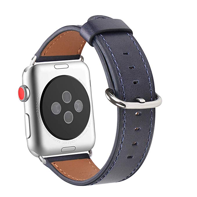 WFEAGL Compatible iWatch Band 42mm 44mm, Top Grain Leather Band for iWatch Series 4,Series 3,Series 2,Series 1,Sport, Edition (42mm 44mm,Dark Blue Band Silver Adapter)