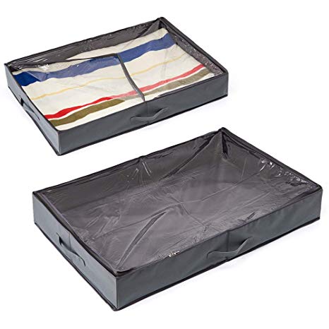 EZOWare 2 Pack Underbed Under Bed Closet Fabric Storage Organizer Box Container Holder for Clothes, Purses, Shoes, Blankets -Gray