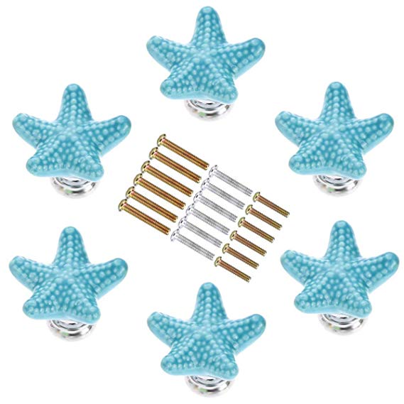 SCTD Starfish Ceramic Drawer Pulls Handles for Nursery Dresser Cupboard Wardrobe Cabinet Kitchen, Beach/Ocean Theme Knobs, Pack of 6 (Blue)