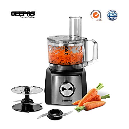 Geepas 1200W Compact Food Processor Blender | Multifunctional Electric Chopper Shredder Grater Low Noise & 1.2L Capacity | Stainless Steel Blade & Two Speed and One Pulse Control - 2 Years Warranty