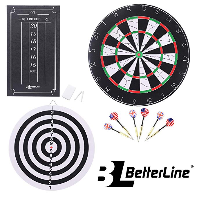 BETTERLINE Double-Sided Flocked Dart Board Set - Includes 6 Brass Darts and Cricket Scoreboard Kit - 45 Centimeter (18 Inch) Diameter Dartboard