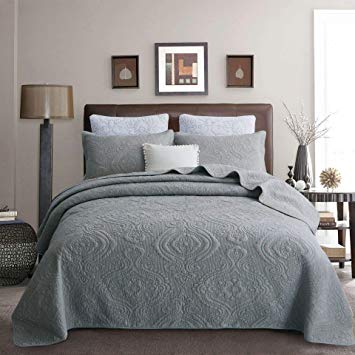 Brandream Luxury Gray Bedding Set 3 Piece Quilted Comforter Bedspread Quilt Set Queen Size 100% Cotton