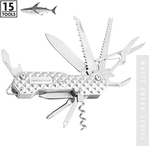 FANTASTICAR 15 in 1 Pocket Folding Multi-Tool, Key Chain, Pocket Knife With Premium Gift Box for Camping, Fishing, Hunting, Survival, Heavy Duty Outdoor (silver2)