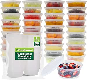 Freshware Food Storage Containers [50 Set] 8 oz Plastic Deli Containers with Lids, Slime, Soup, Meal Prep Containers, BPA Free, Stackable, Leakproof, Microwave, Dishwasher and Freezer Safe