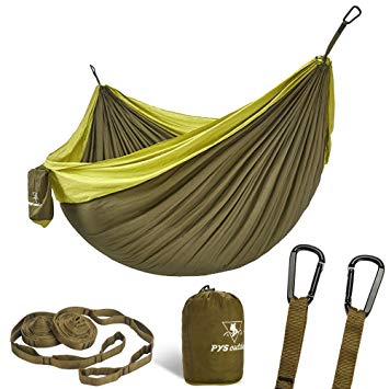 pys Double Portable Camping Hammock with Straps Outdoor -Nylon Parachute Hammock with Tree Straps Set with Max 1200 lbs Breaking Capacity, for Backpacking, Hiking, Travel (Olive Green Lime Green)