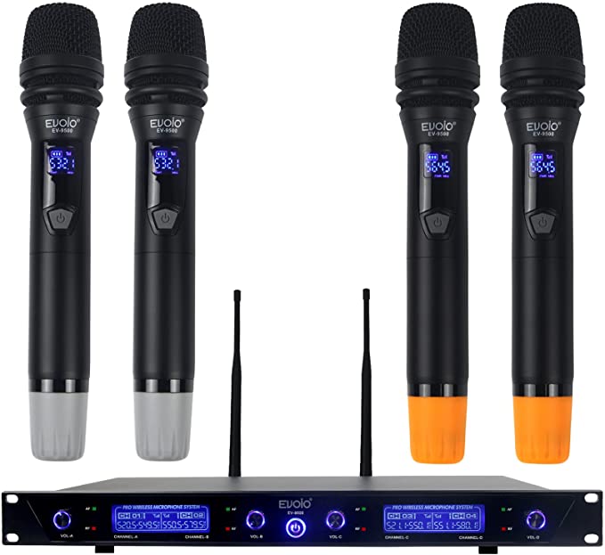 Evoio 4 Adjustable Channel UHF Wireless Microphone System with 4 Metal Handheld Mics, Auto Scan, All Metal Build, Range up to 262 FT, Ideal for Karaoke/Party/Wedding/Church/Conference/Speech/Outdoor