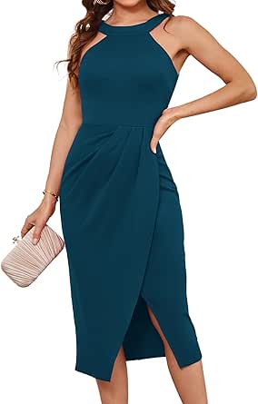 GRACE KARIN Women's Halterneck Sleeveless Ruched Bodycon Slit Wrap Party Cocktail Midi Dress