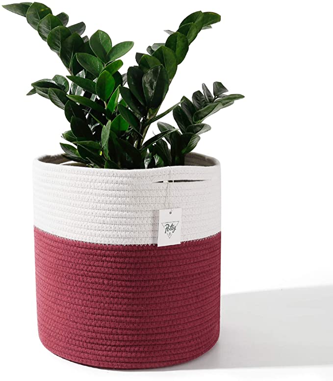 POTEY 701103 Woven Cotton Rope Plant Basket for 11" Flower Pot Floor Indoor Planters, 12"x 12" Storage Organizer Modern Home Decor(White Dark Red Stripes)