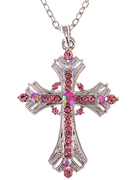 Alilang Silvery Tone Religious Cross Pendant Necklace w/ Aquamarine Blue Or Clear Crystal Rhinestones