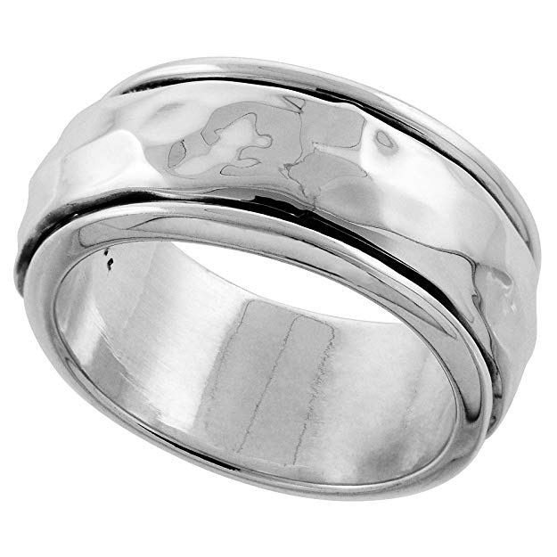 Sterling Silver Mens Spinner Ring Hammered Domed Center Handmade 3/8 inch wide,