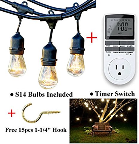 Outdoor String Lights - 48 Feet Long Outside hanging Garden Patio Cafe Pergola Rope Lights, String Backyard Lights, Weatherproof Commercial Quality Bistro Lights(S14 Bulbs/ Timer Switch/Hooks)