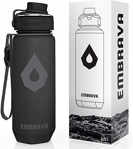 Embrava Time Marker Water Bottle - 24 Oz - with Metal Handle, Secure Leakproof Lid for Sports, Outdoors, Fitness and Travel - Fast Flow Drink Spout, Lanyard with Clip, BPA Free