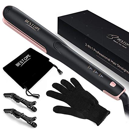 Hair Straightener and Curler, BESTOPE Professional Ceramic 2 In 1 Flat Iron for Hair, 15s MCH Tourmaline Heating Technology with Safer Closed Iron Plate Version