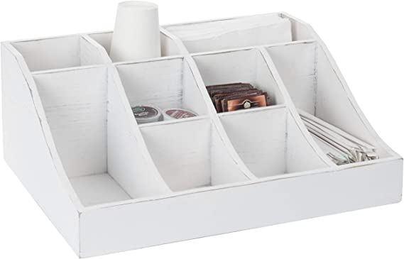 MyGift 9-Compartment Vintage White Tabletop Condiment Holder, Coffee and Tea Storage Caddy