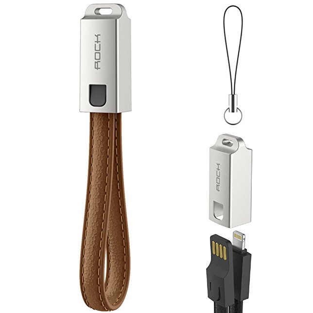 iPhone 7 Lightning Short Charge Cable, Metal Housing USB Data Cable with Keychain[Lanyard Portable] for iPhone7/6s/6 Plus with Lightning Connector iOS Devices- Length 5.5" （Brown）