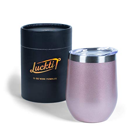 Luckti 12 oz Insulated Stainless Steel Wine Tumbler Cup Double Wall Vacuum Stemless Glass with Lid - Rose Gold