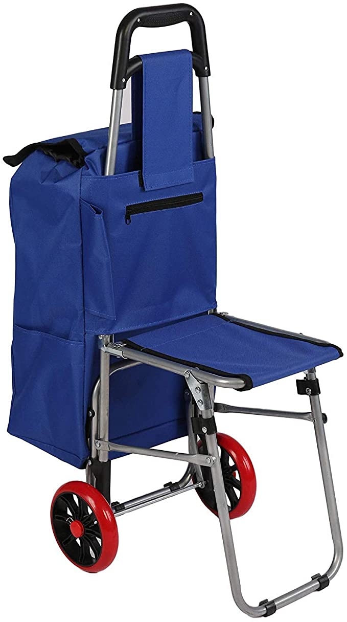 Dporticus Multipurpose Folding Utility Cart with Built-in Seat for Laundry, Grocery, Shopping and More