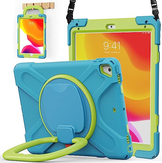 BATYUE iPad 9.7 inch Case for 2018 iPad 6th Gen/ 2017 iPad 5th Gen, iPad Air 2/ iPad Pro 9.7'',Shockproof Protective Rugged Cover with Pencil Holder &Rotating Bracket &Shoulder Strap(Light Blue Lime)