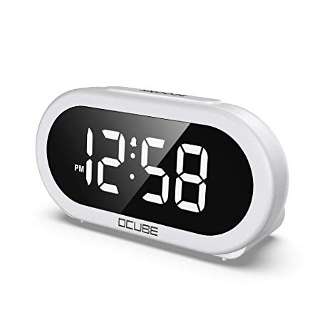 OCUBE LED Digital Alarm Clock, Bedside Clock with 5 Optional Alarm Sounds, USB Charging Port, Full Range Brightness Dimmer, Big White Digit Display, Snooze, Adjustable Alarm Volume, Mains Powered