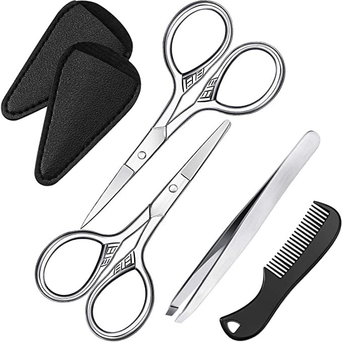 6 Pieces Small Scissors Set Eyebrow Facial Hair Beard Moustache Brow Scissors Beauty Grooming Precision Stainless Steel Hair Cutting Scissors Kit with Eyebrow Tweezers Comb PU Sheath