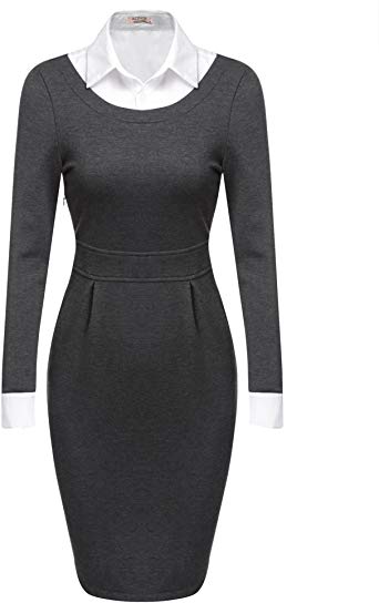 ACEVOG Women Patchwork Bodycon Turn Down Collar Long Sleeve Business Party Pencil Dress