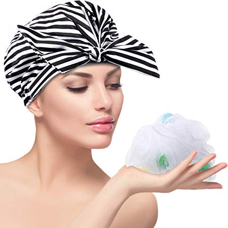 Reusable Shower Cap Waterproof Shower Hair Cap Women Bowknot Shower Hat with Bath Mesh Sponges (Black and White Stripe)